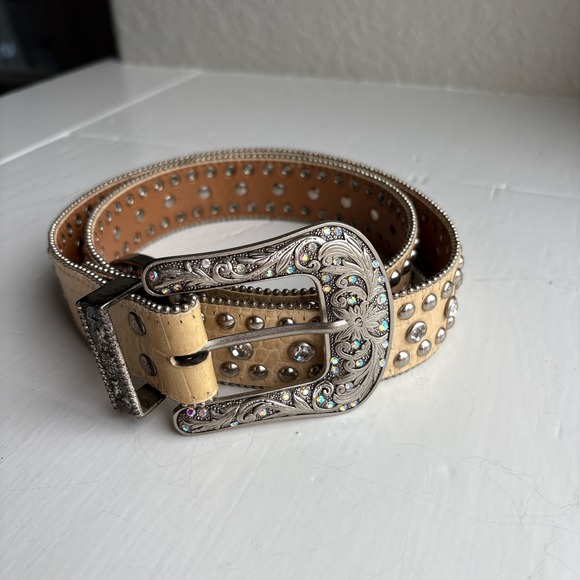Nocona Belt Co Womens Cream Croc Studded Rhinestone Western Belt Large N3451045 - Picture 2 of 7